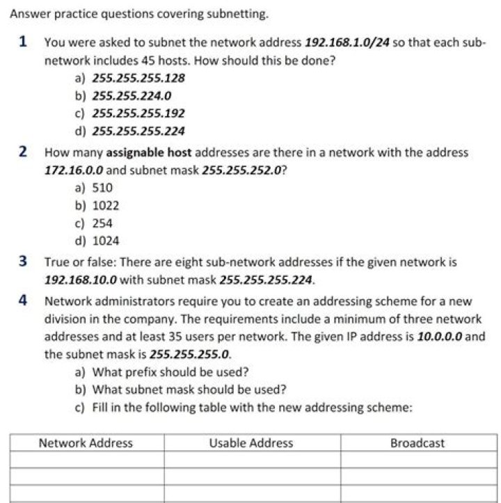 Class C Subnetting Questions & Answers PDF Guide