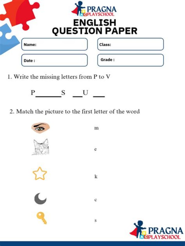 Download Free LKG English Question Paper PDF for Class 1