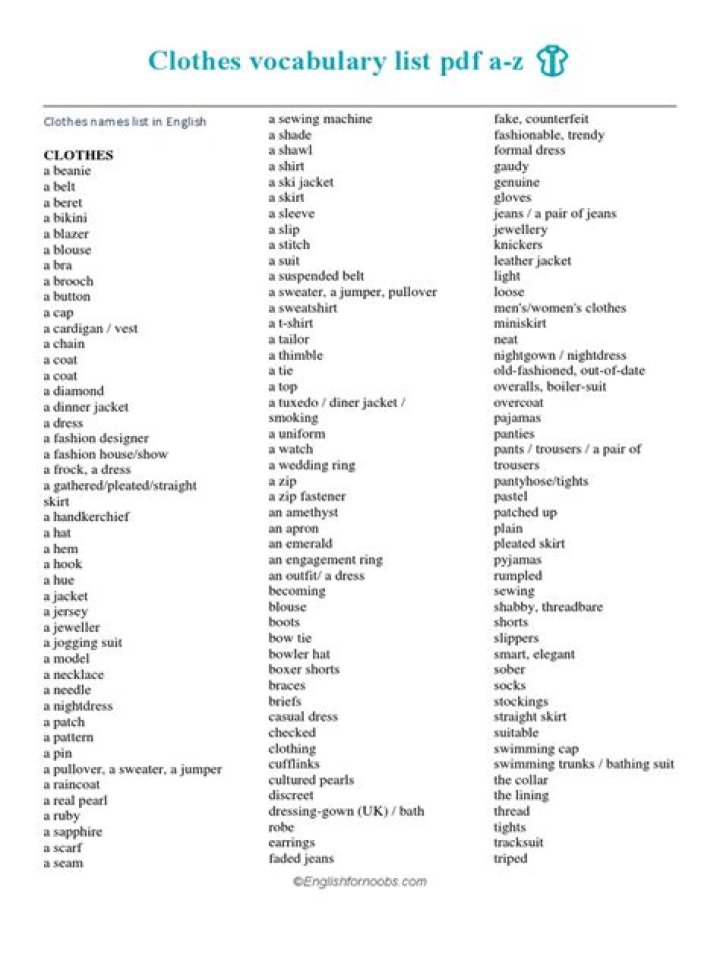 Essential Clothes Vocabulary List PDF for Fashion Learners