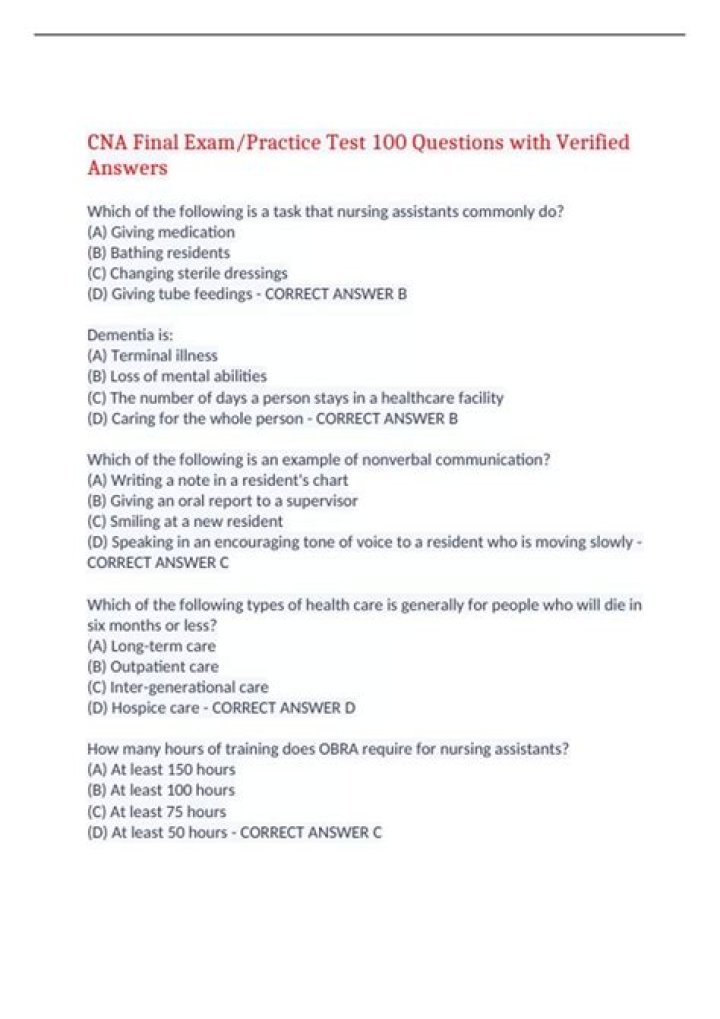 CNA Final Exam 100 Questions & Answers PDF Quizlet – Complete Study Guide