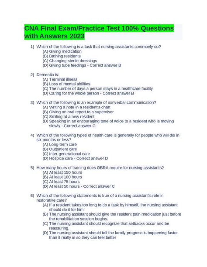 CNA Final Exam 100 Questions & Answers PDF – Complete Study Guide