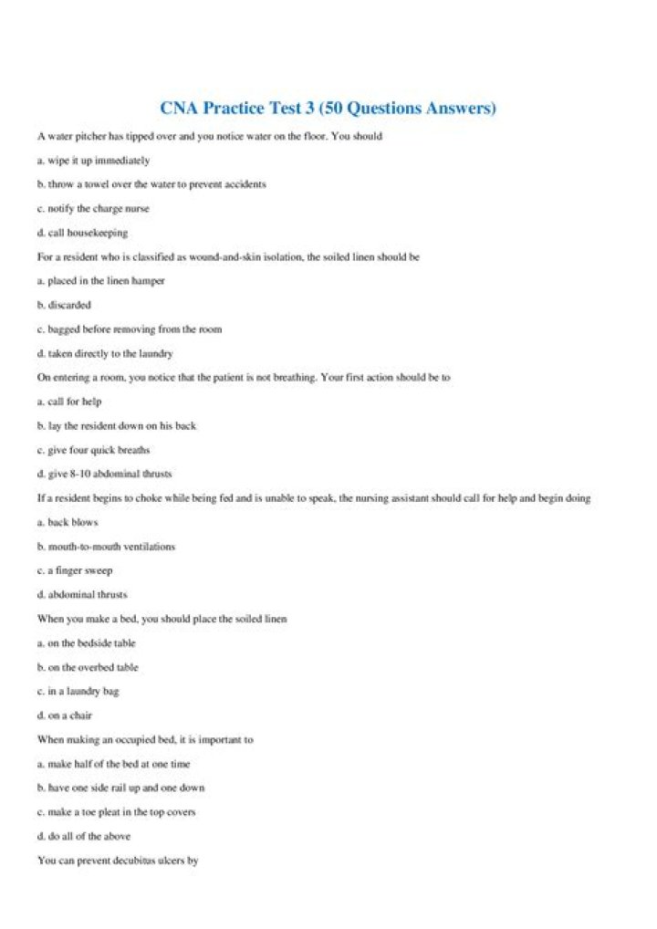 Free CNA Practice Test Printable PDF for Exam Prep