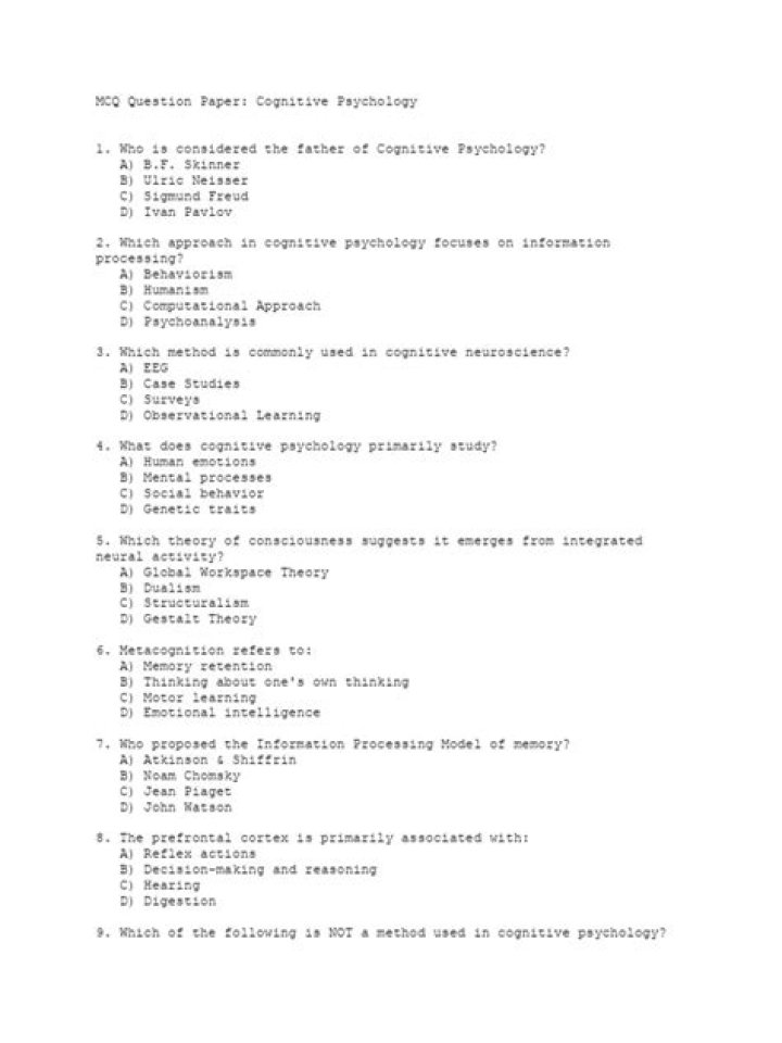 Cognitive Psychology MCQs with Answers PDF – Master Key Concepts