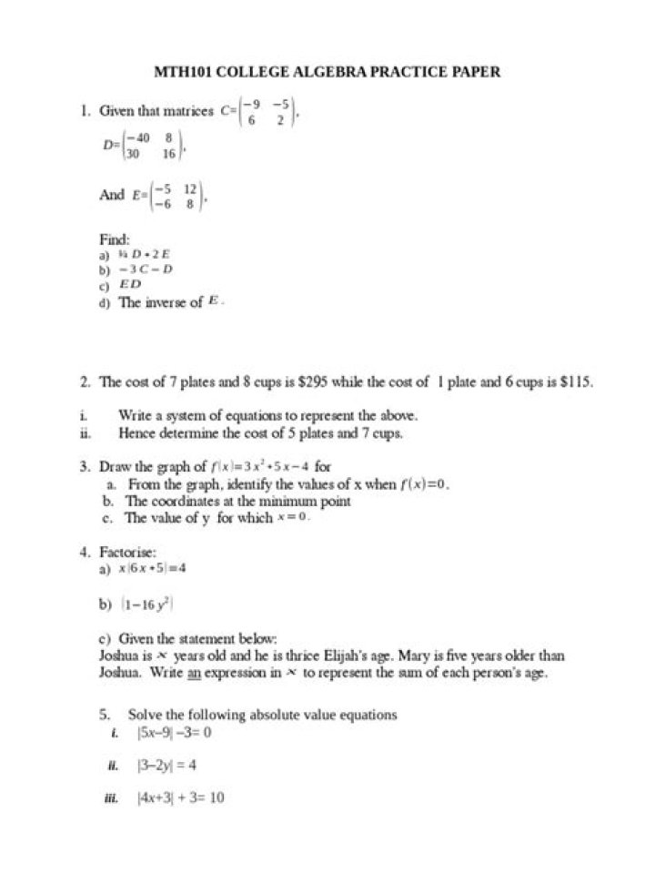 Free College Algebra Practice Test PDF – Instant Download
