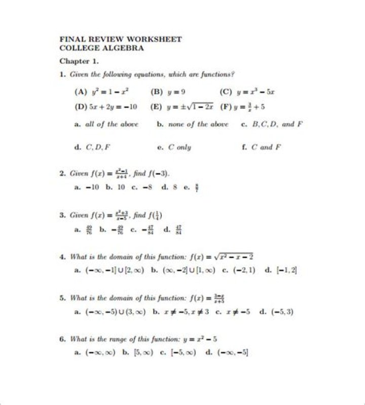 Free College Algebra Worksheets PDF Download