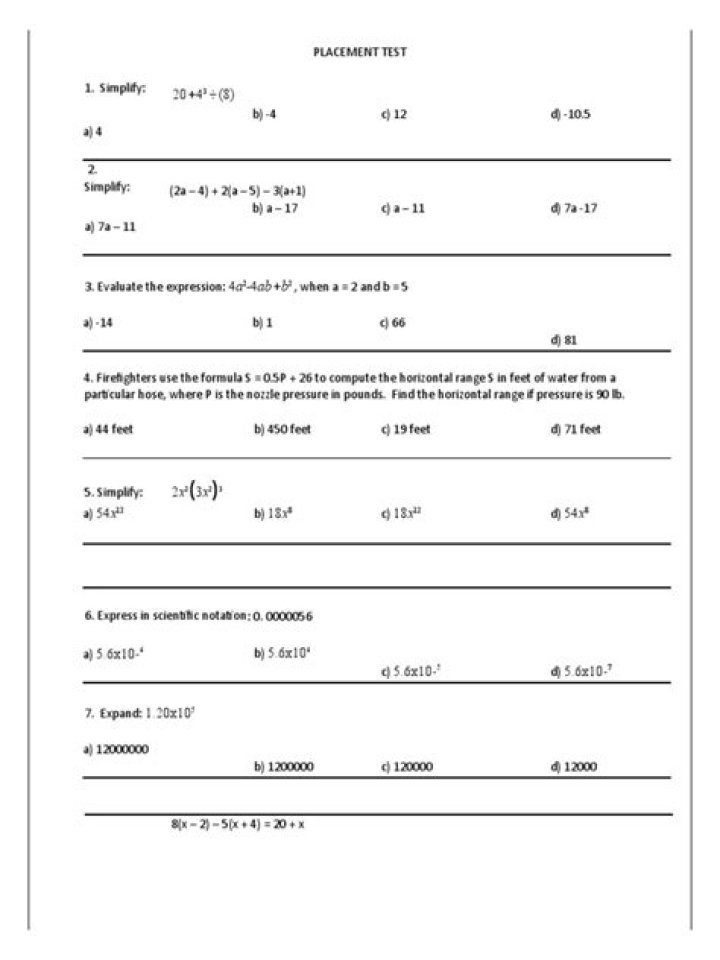 Free College Math Placement Test PDF – Crack Your Course Placement