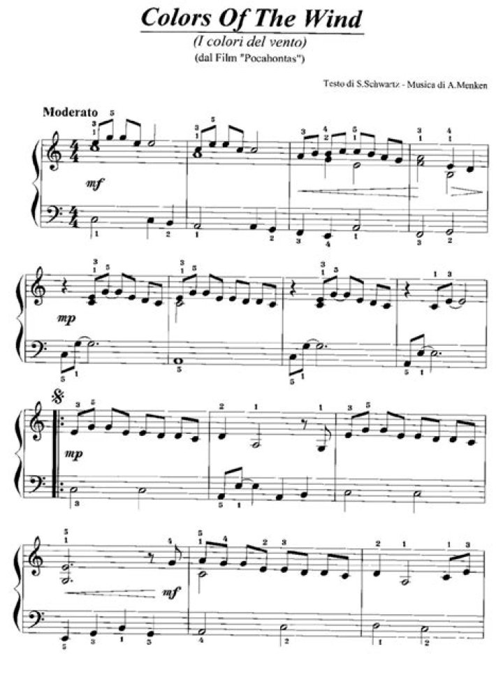 Colours of the Wind Sheet Music PDF – Download Free Score