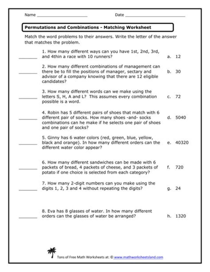 Free Combination Word Problems Worksheet PDF Download
