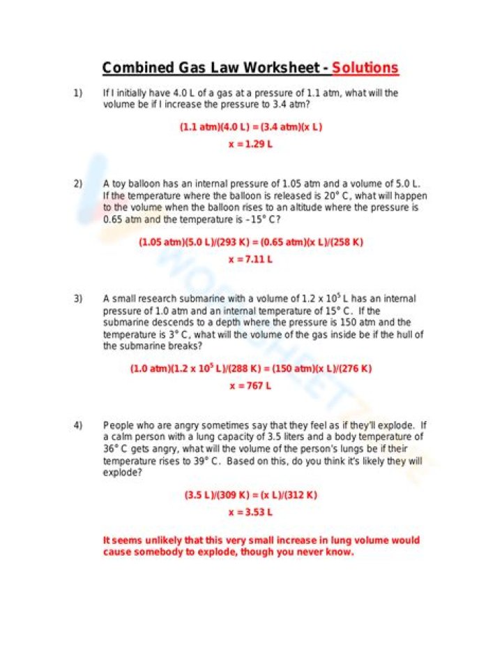 Combined Gas Law Practice Problems Worksheet Answers PDF with Step-by-Step Solutions