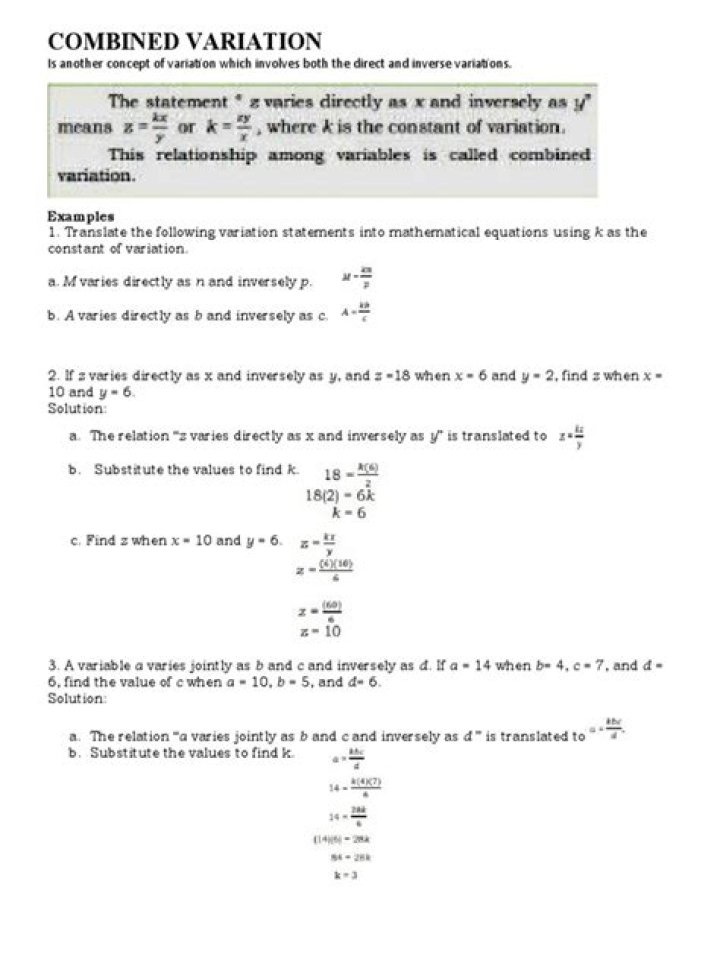Combined Variation Problems with Solutions and Answers PDF
