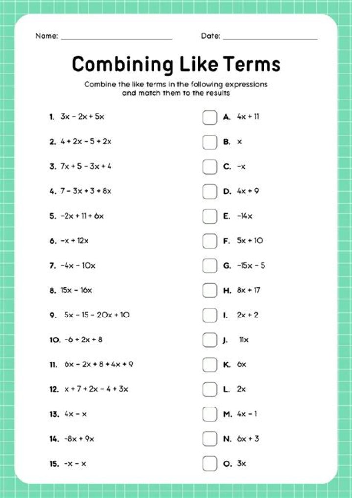 Combining Like Terms Worksheet for 8th Grade PDF