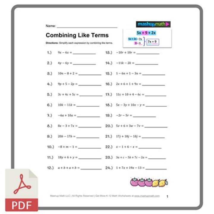 Combining Like Terms Worksheet PDF with Answers for Grade 7