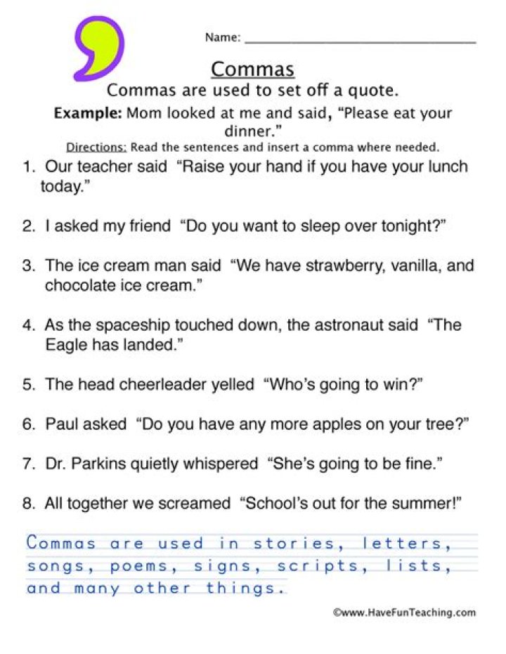 Free Comma Practice Worksheet PDF for Students
