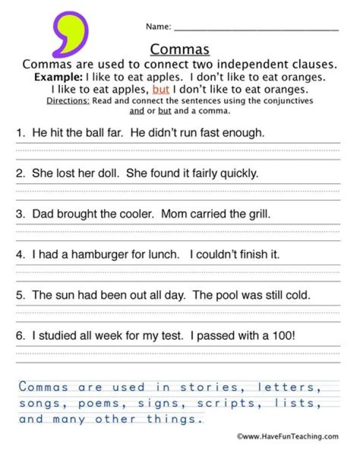 Free Comma Worksheet PDF for Easy Grammar Practice