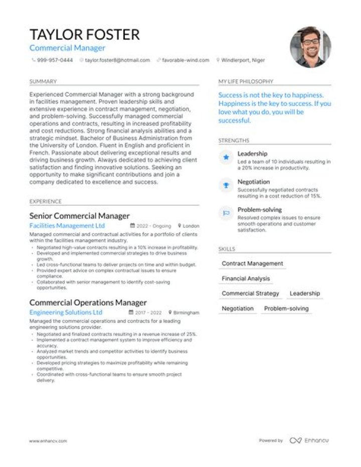Commercial Manager Resume Sample PDF for Career Growth