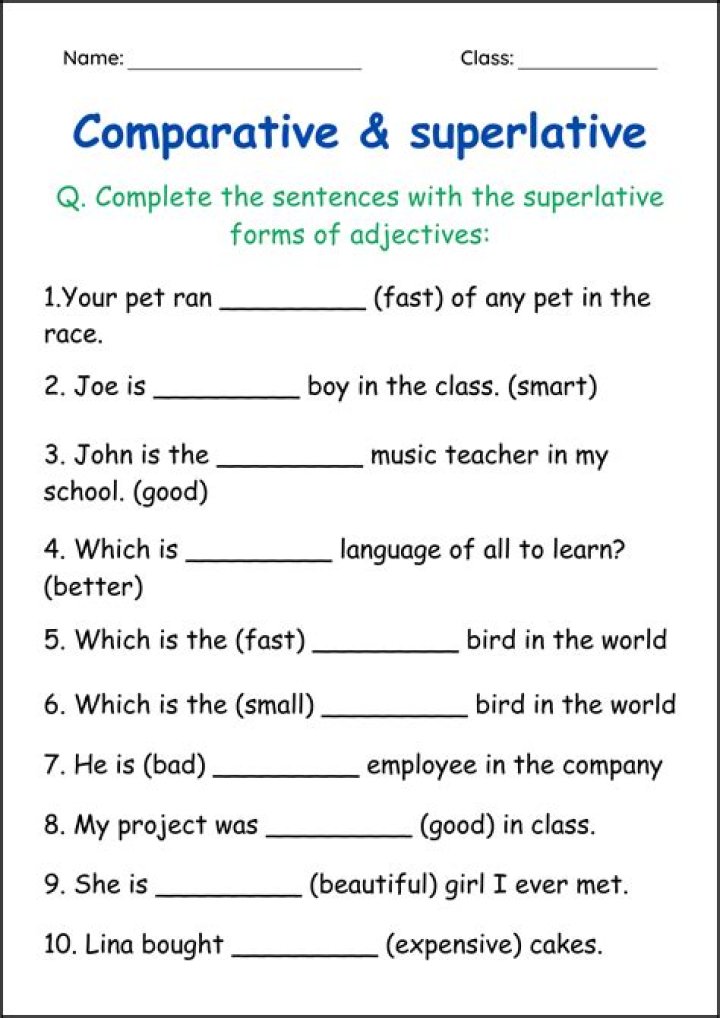 Comparative and Superlative Adjectives Worksheet PDF for Grammar Practice