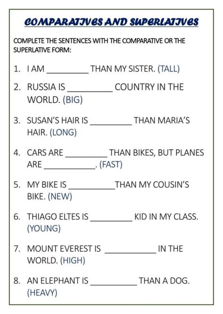 Comparative & Superlative Exercises Worksheet PDF | Instant Download