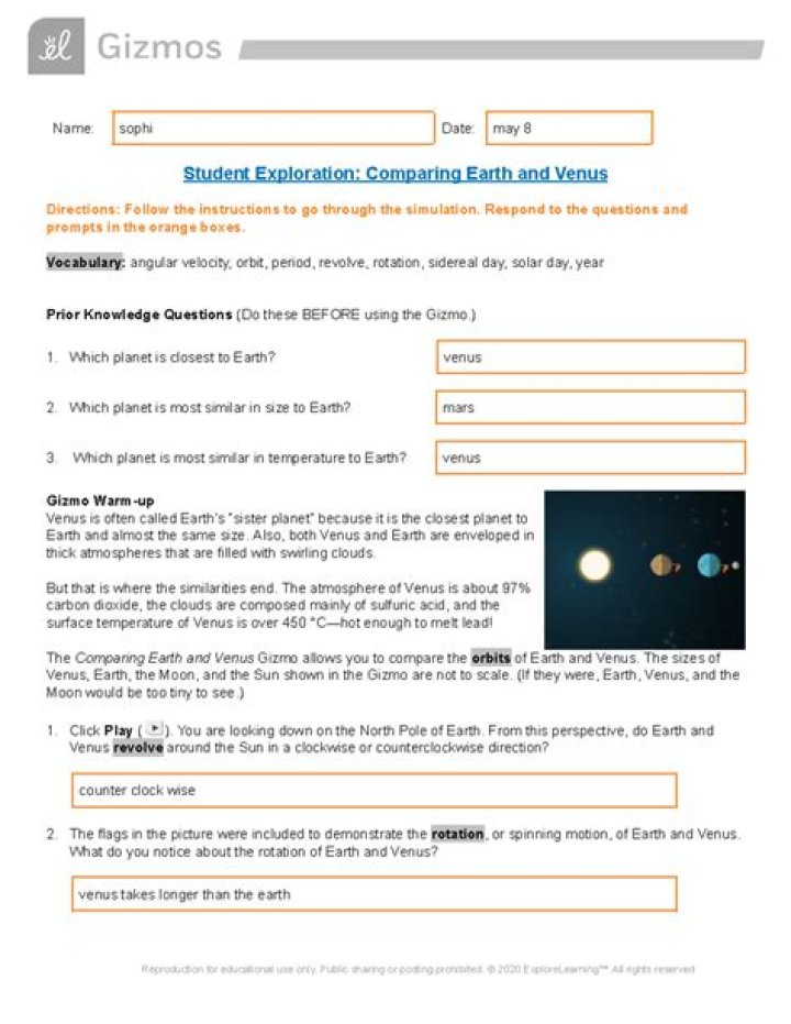 Compare Earth and Venus: Gizmo Answer Key PDF