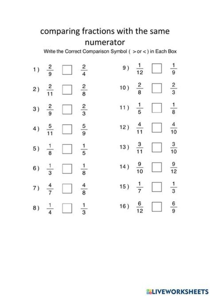 Compare Fractions with Like Numerators Worksheet PDF