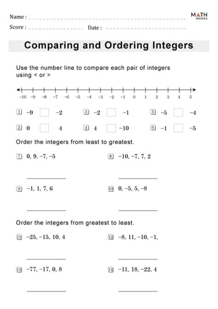 Compare Integers on a Number Line: Free PDF Worksheet