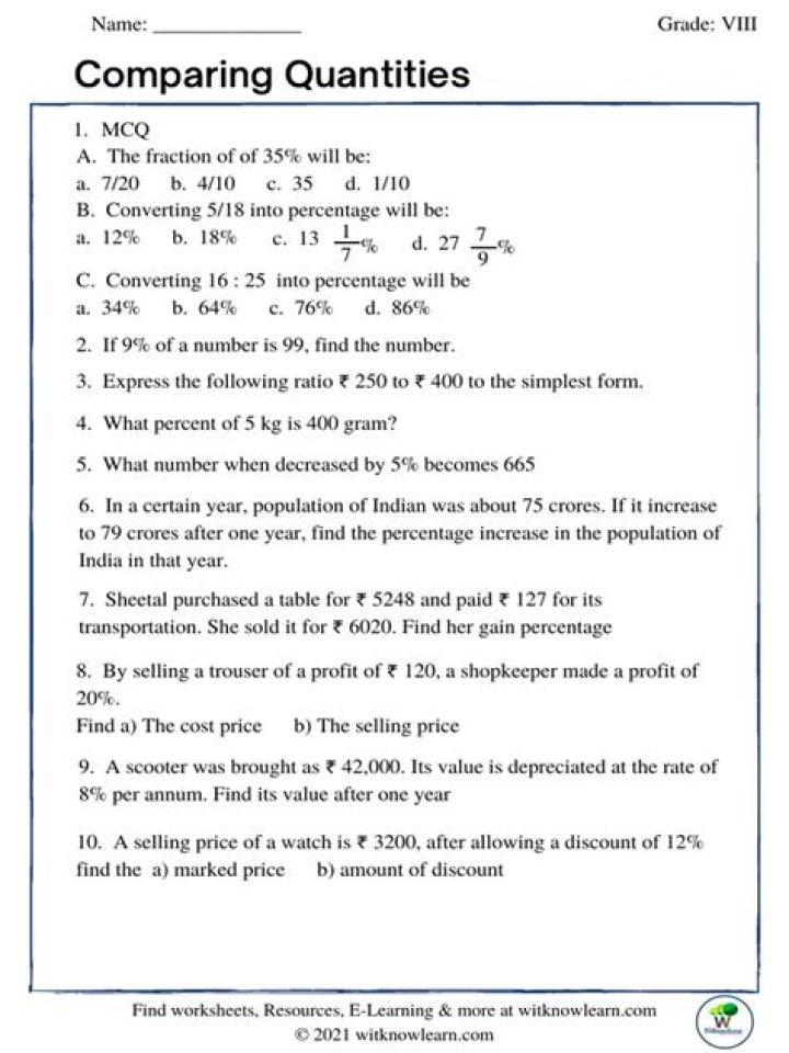 Comparing Quantities Class 7 Worksheets PDF – Practice & Printable