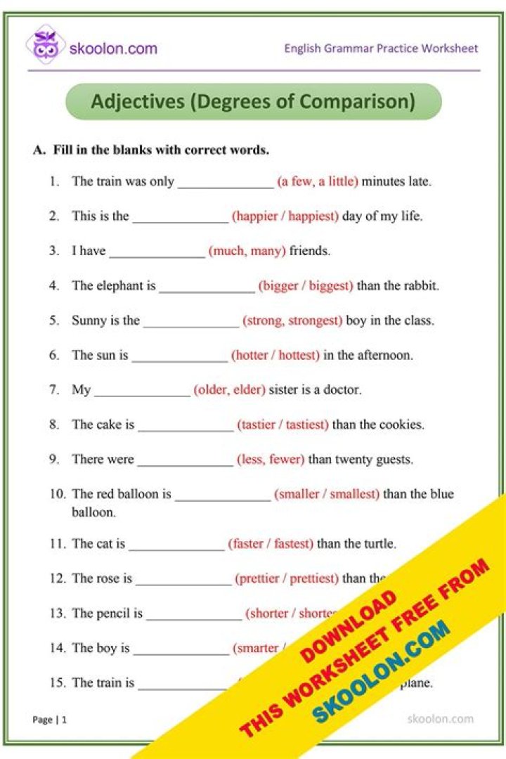 Adjective Comparison Exercises PDF with Answers | Practice & Test