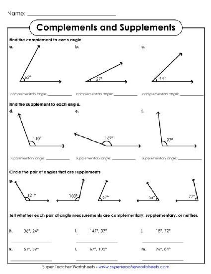 Complementary and Supplementary Angles Word Problems Worksheet PDF