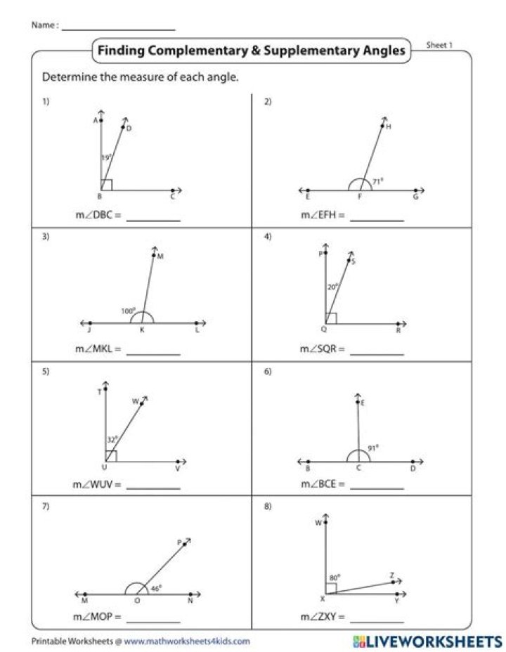Complementary and Supplementary Angles Worksheet PDF with Answers for Grade 7
