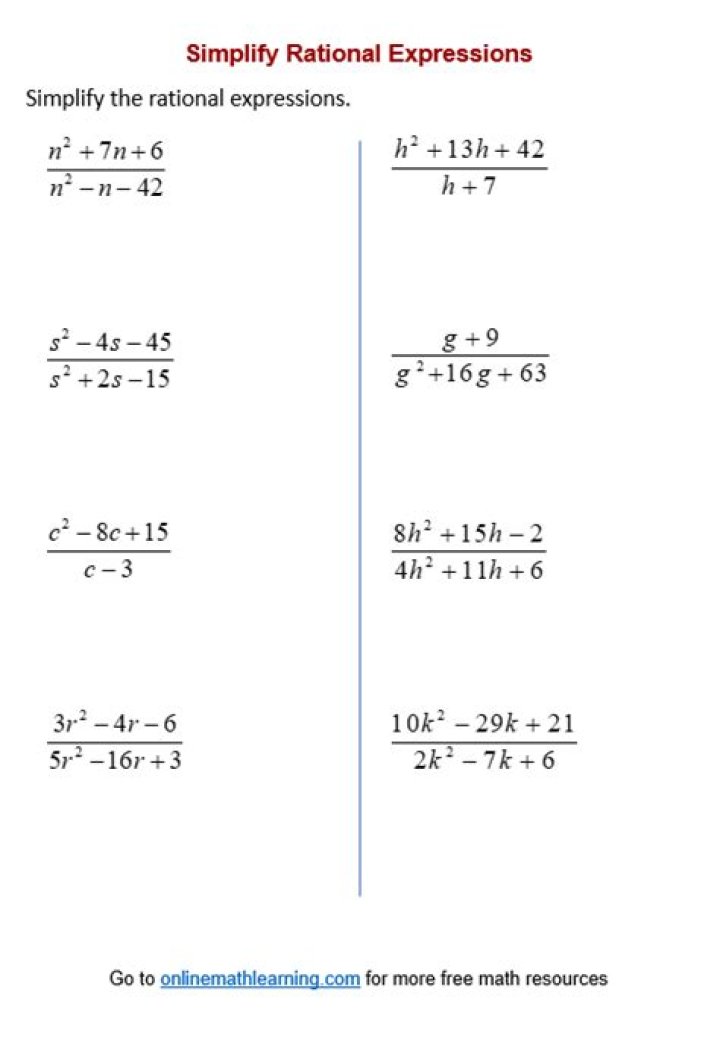 Download Free Complex Rational Expressions Worksheet PDF