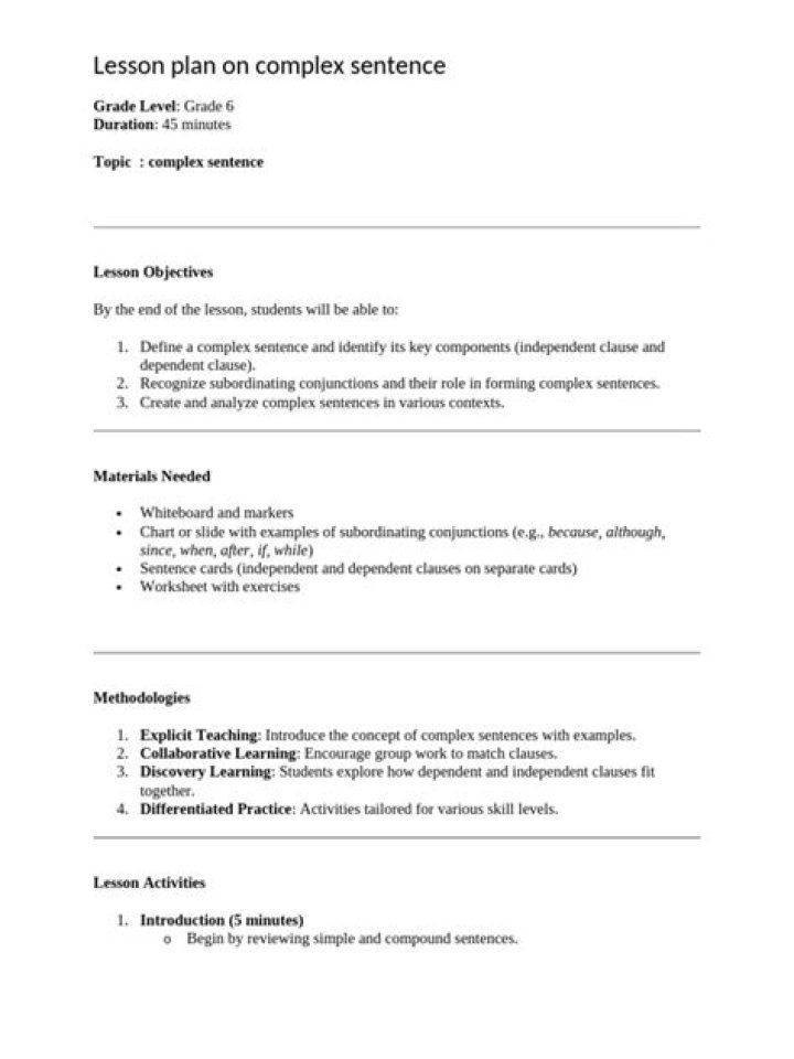Complex Sentence Lesson Plan PDF for Effective Writing Instruction