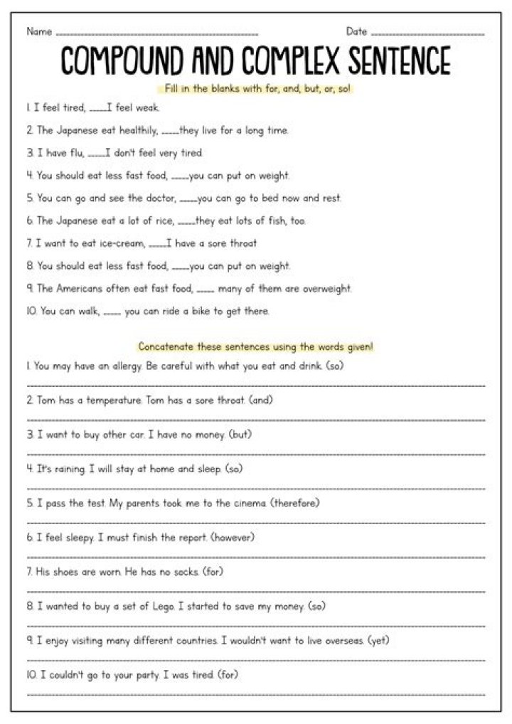 Free Compound and Complex Sentences Worksheet PDF for Practicing Grammar