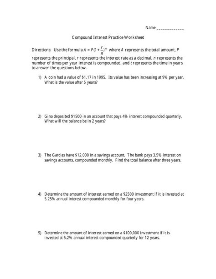 Compound Interest Practice Worksheet Answer Key PDF