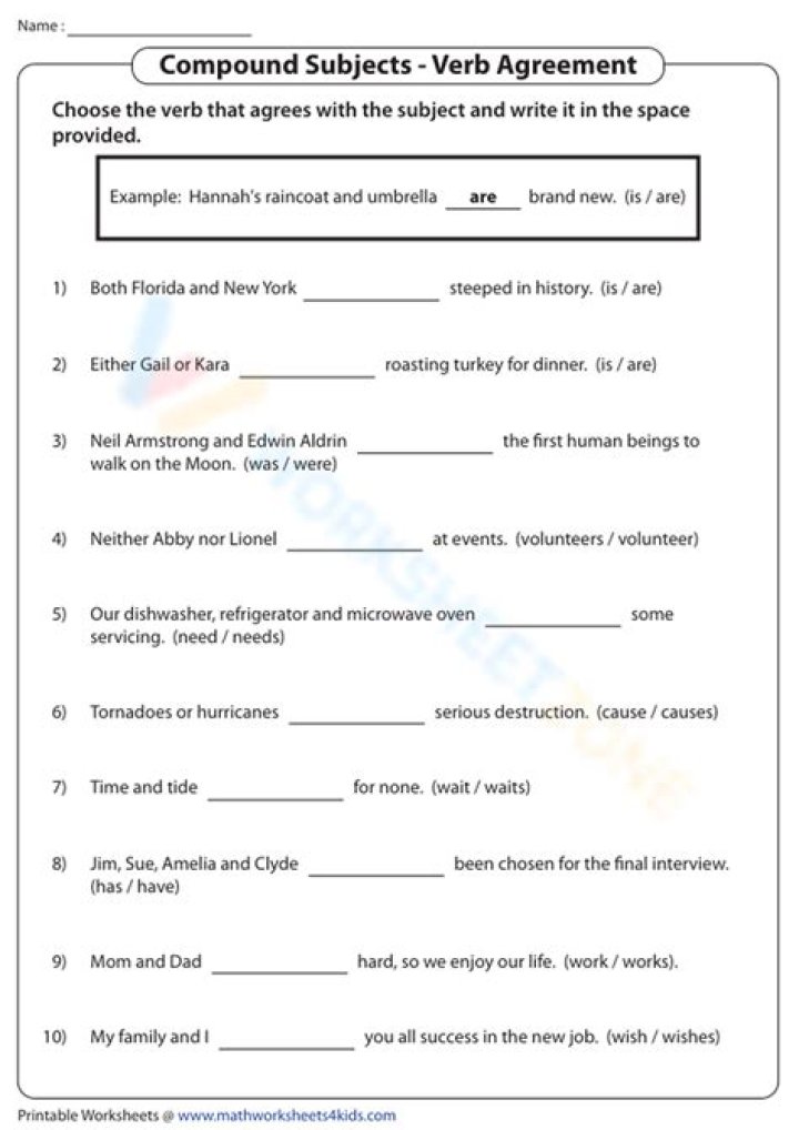 Free Compound Subject-Verb Agreement Worksheets with Answers PDF