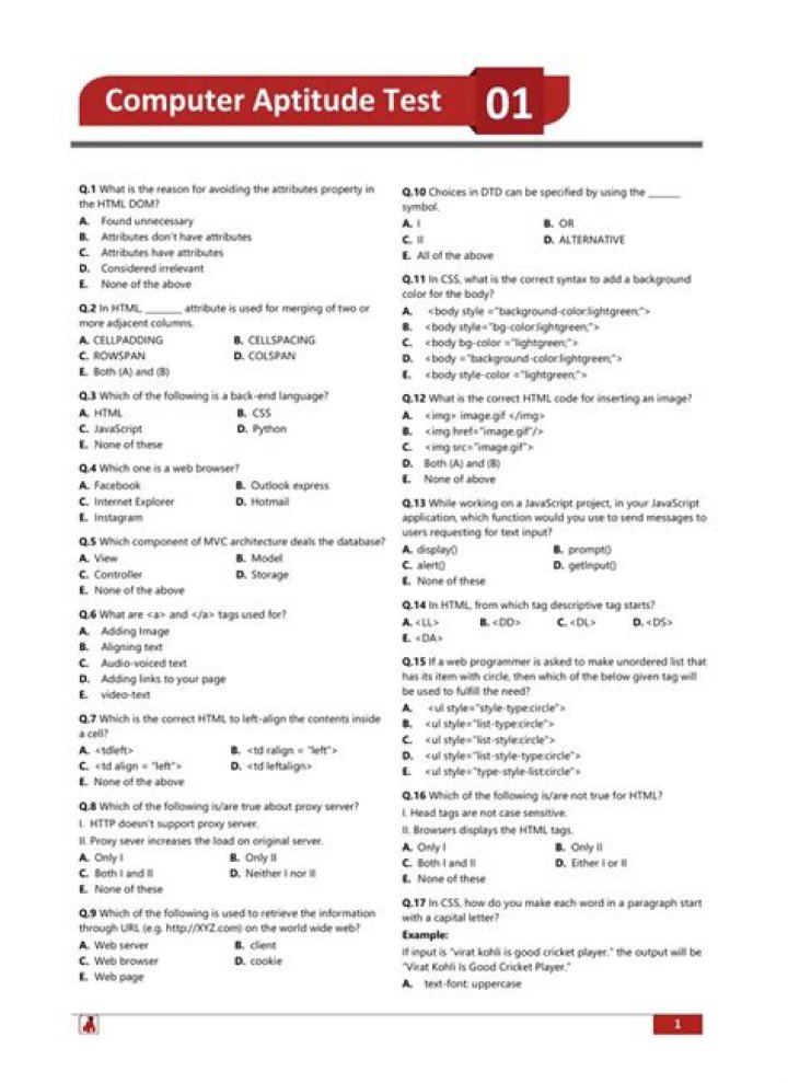 Free Computer Aptitude Test PDF – Practice Now & Boost Your Skills