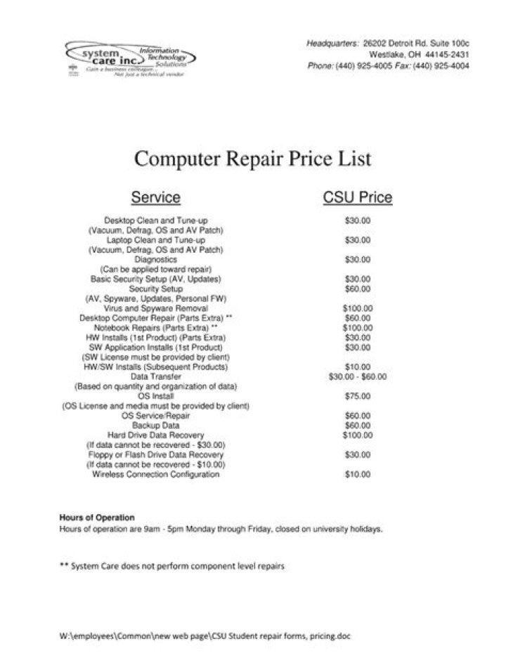 Computer Repair Price List PDF – Affordable & Transparent Repair Costs