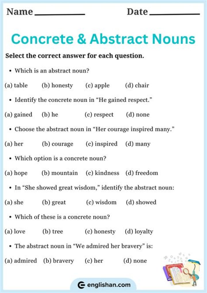 Concrete and Abstract Nouns Worksheet with Answers PDF – Instant Download