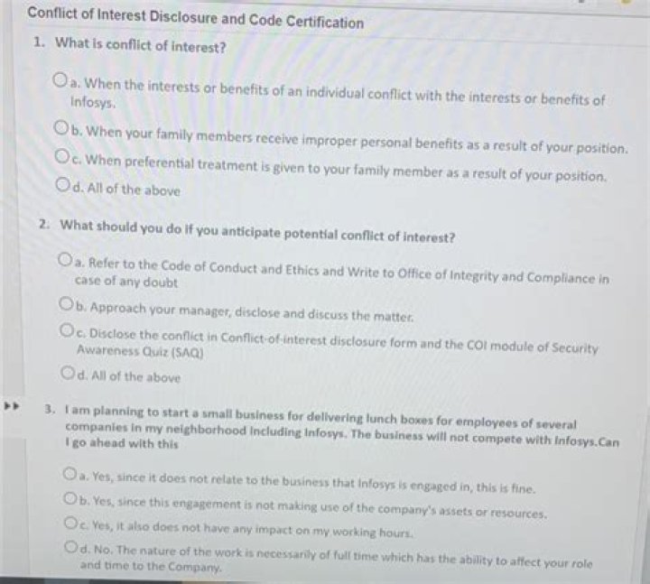 Infosys Conflict of Interest Disclosure & Code Certification PDF Answers