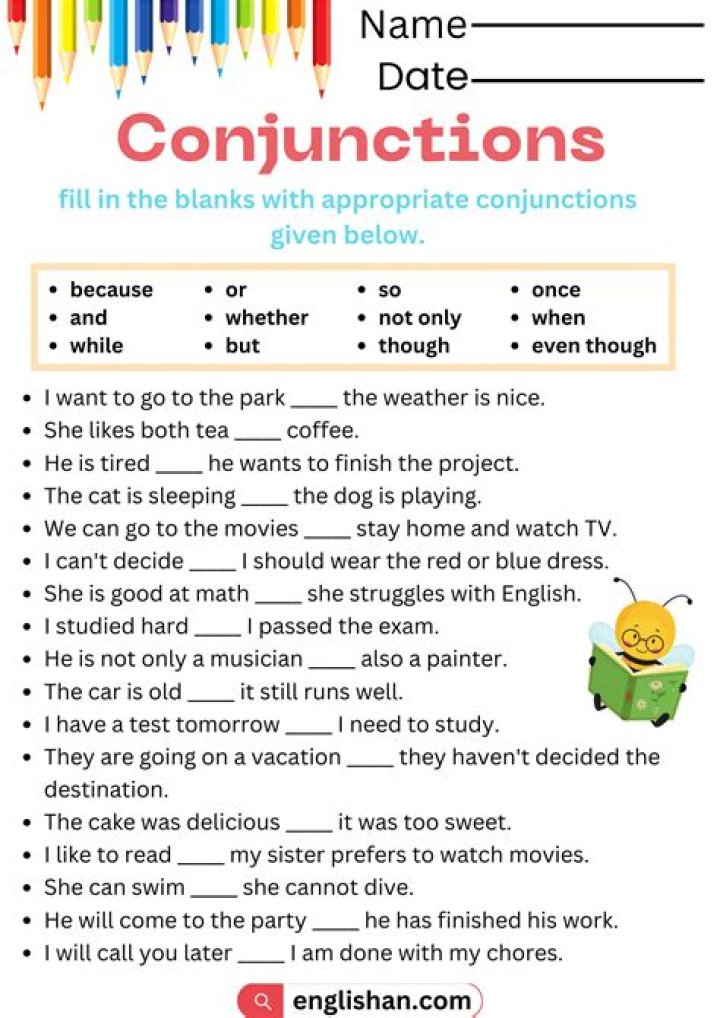 Conjunction PDF Worksheets for Grammar Practice