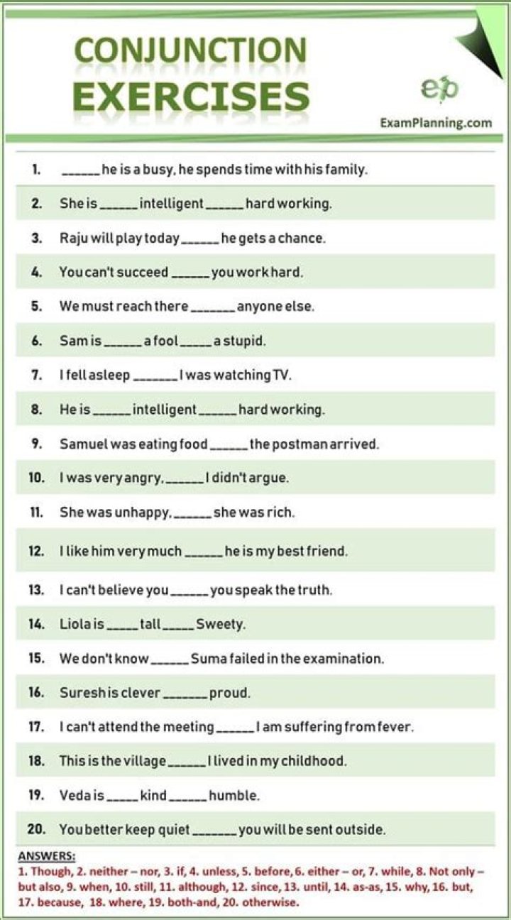 Free Conjunctions Exercises PDF with Answers – Master Grammar Now