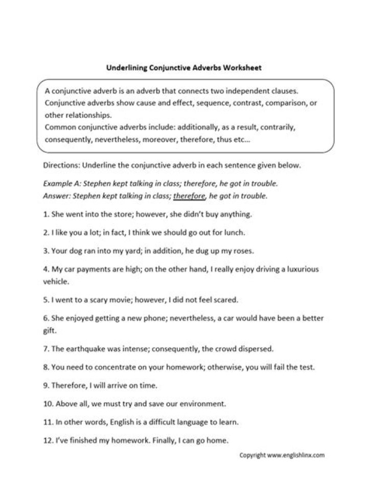 Free Conjunctive Adverb Worksheet PDF – Practice Grammar Skills