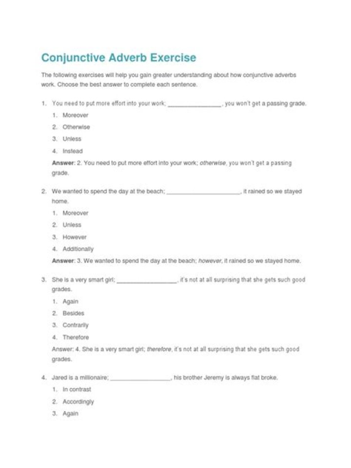 Conjunctive Adverbs Worksheet PDF – Perfect for Grammar Practice