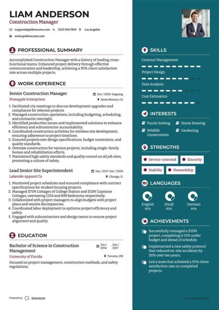 Construction Manager Resume PDF for Job Search