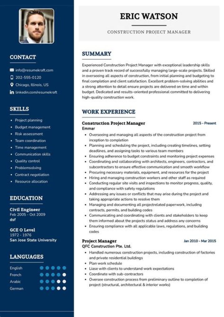Download Professional Construction Project Manager Resume Sample PDF
