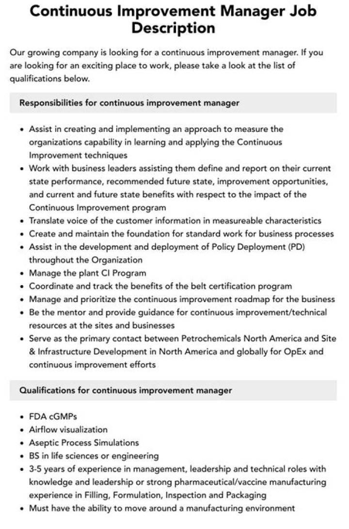 Continuous Improvement Manager Job Description PDF – Full Career Guide
