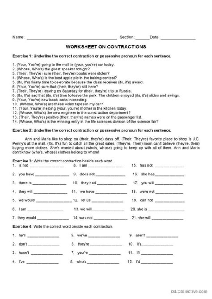 Contractions Grammar Worksheet PDF – Download Free Practice Exercises