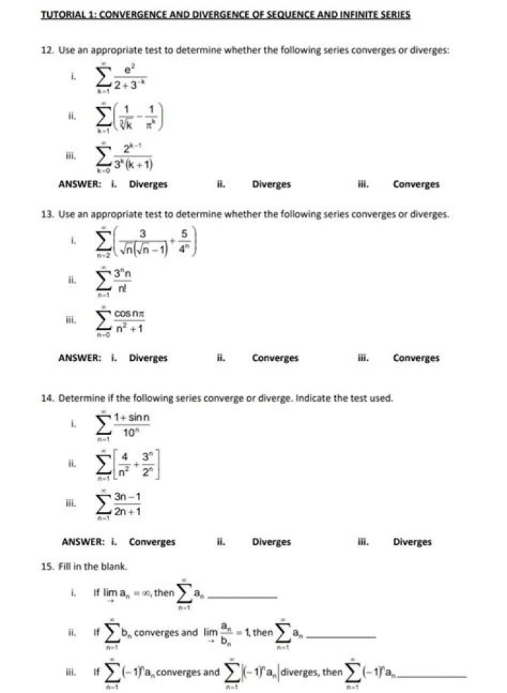 Mastering Convergence and Divergence of Infinite Series | Worksheet PDF
