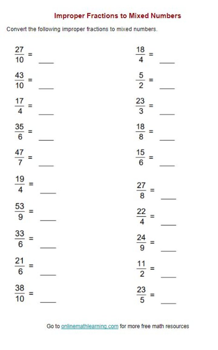 Converting Improper Fractions to Mixed Numbers Worksheet PDF for Grade 4