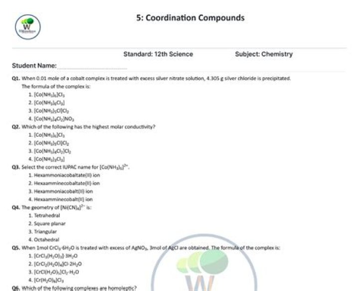 Coordination Chemistry Questions and Answers PDF: Expert Study Guide