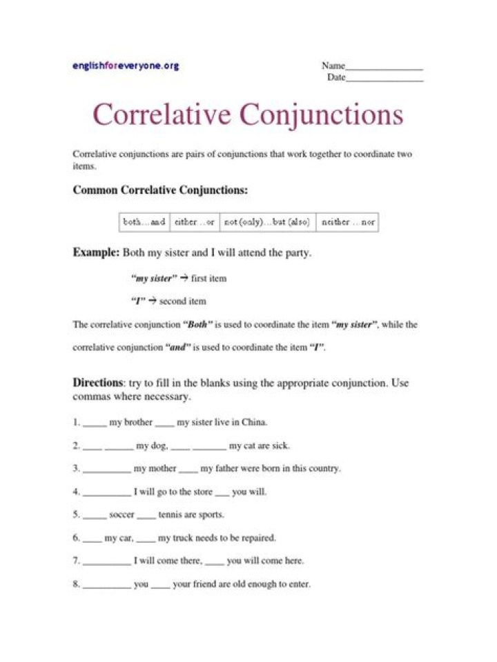 Free Correlative Conjunctions Worksheet PDF for Effective Writing Practice