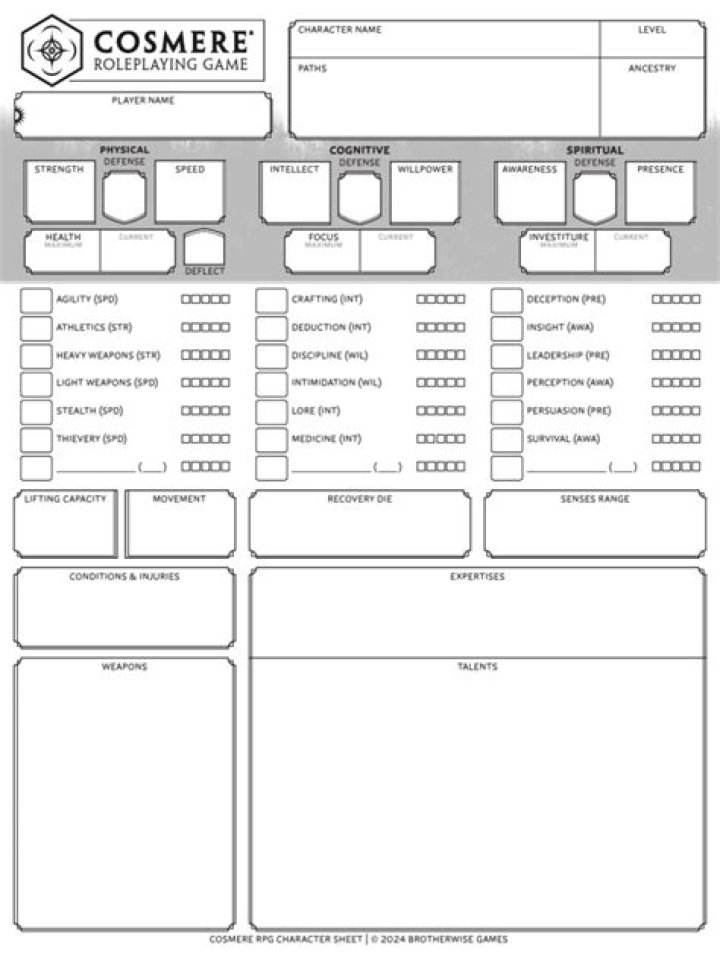 Cosmere RPG Character Sheet PDF – Ready-to-Print Game Master Template